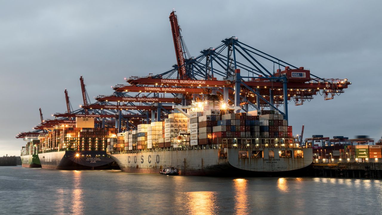 Container ships docked at Hamburg's Burchardkai Terminal during twilight, showcasing bustling maritime activity.